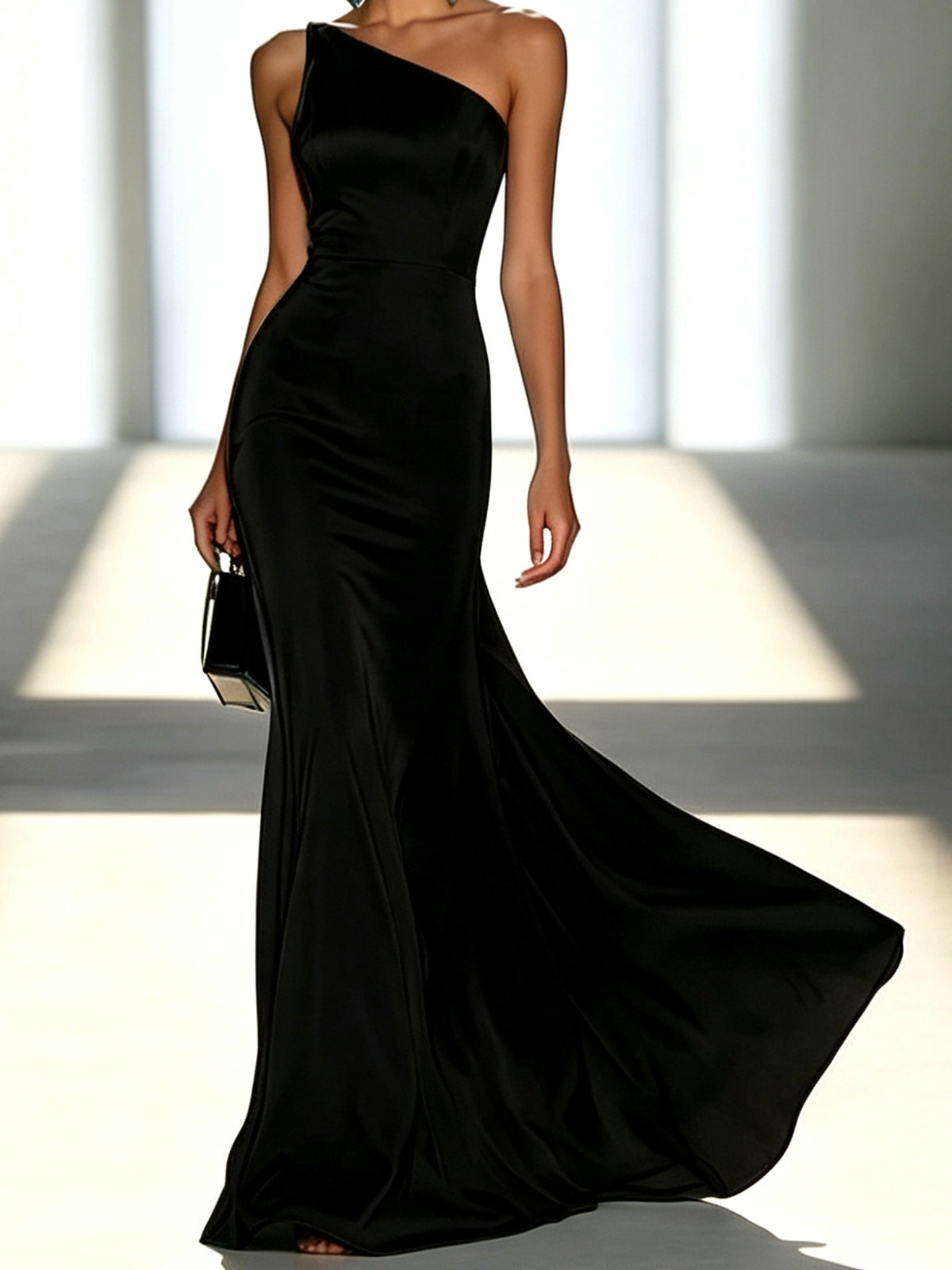 Black off-shoulder maxi dress with fitted bodice and flowing draped skirt