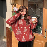 Red Christmas Tree Jacquard Warm Sweater Women - WOMONA.COM