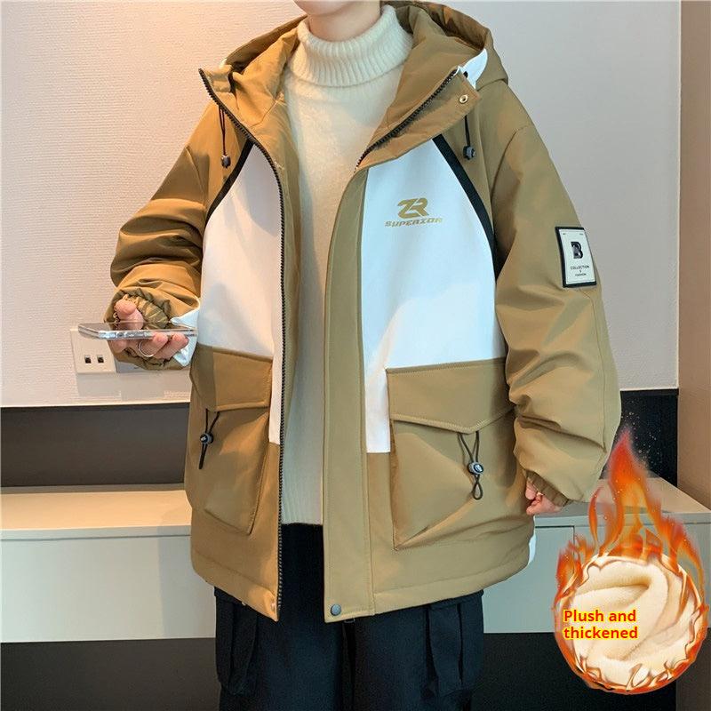 Khaki hooded cotton coat jacket with zip front and flap pockets