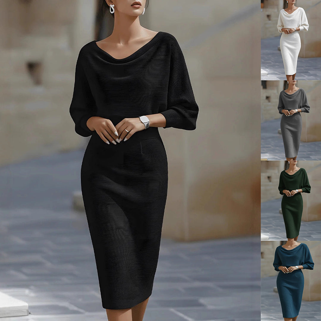 Black pleated batwing sleeve midi dress with draped cowl neckline, fitted pencil silhouette