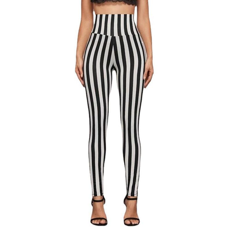 Vertical Stripes High Waist Leggings Cropped Skinny Pants - WOMONA.COM