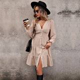 Commute Style Long Sleeve V-neck Stitching Waist Girdle Dress - WOMONA.COM