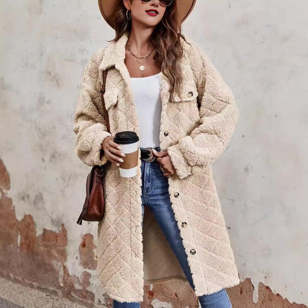 Light beige plush long-sleeve coat with quilted texture, button front and chest pockets
