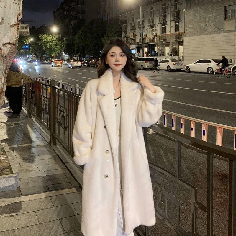Long faux mink coat with pointed collar, light beige/cream, double-breasted button front
