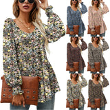 Flowers Print Casual V-Neck Blouse T-Shirts - WOMONA.COM