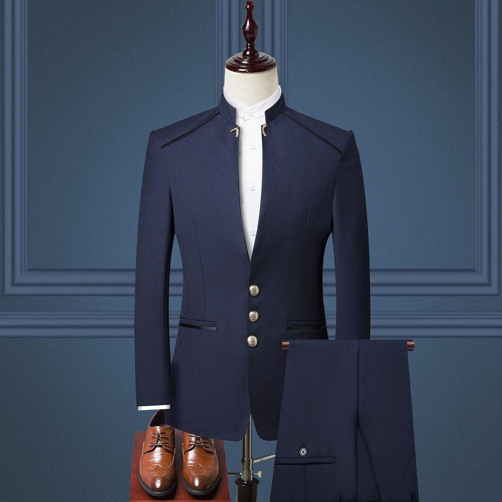 Men's navy three-piece suit: stand collar jacket, gold-button vest, matching pants