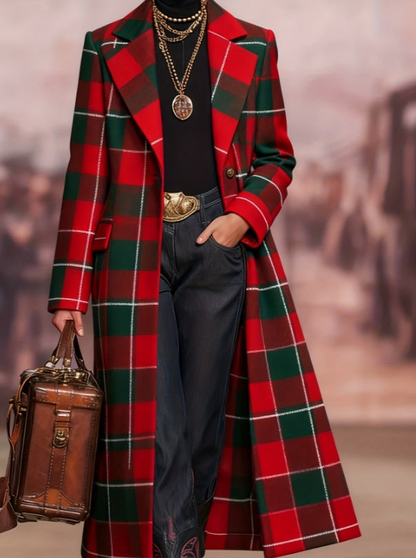 Women's long plaid lapel coat in red, green, and black check, open front