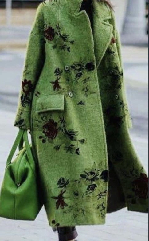 Women's long wool overcoat in green with dark floral pattern, button front, long sleeves