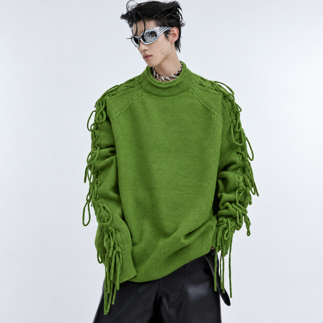Green deconstructed fringe knit sweater