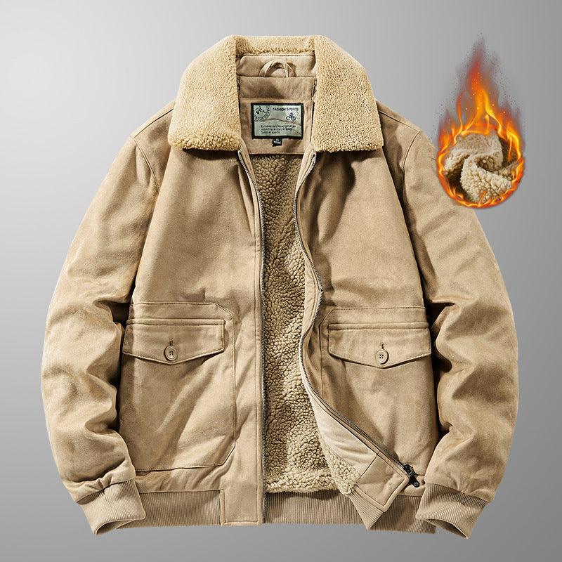 Suede velvet padded coat in light tan with tan shearling lining, zip front, flap pockets