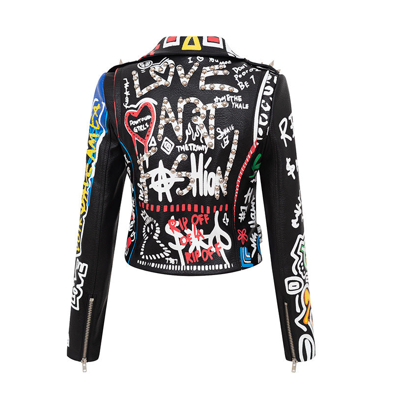 Printed Hit Color Motorcycle Leather Jacket Women's - WOMONA.COM