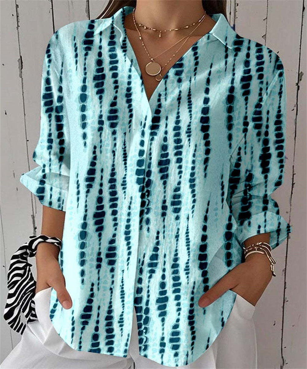 Women's Tie Dye Print Button-Down Shirt, Long-Sleeve Lapel V-Neck Casual Blouse