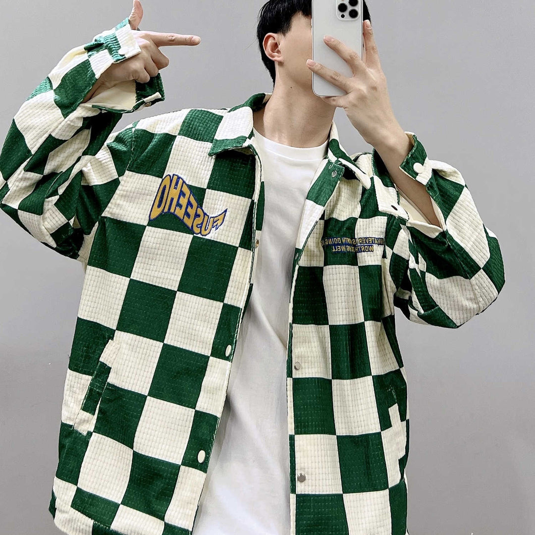 Men's Green Checkerboard Collared Jacket, Green - product view 1