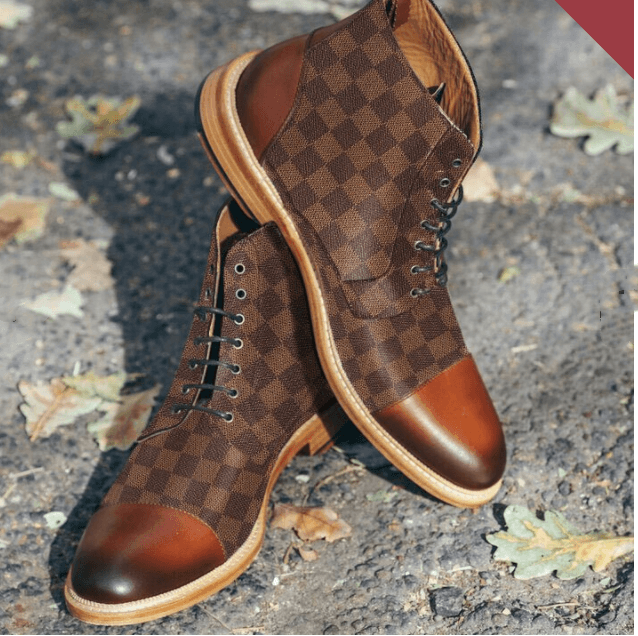 Men's brown check lace-up ankle boots with tan leather toe and side panels