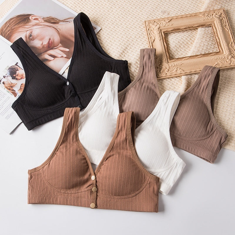 Black nursing bra with ribbed knit and front button placket, wireless cut