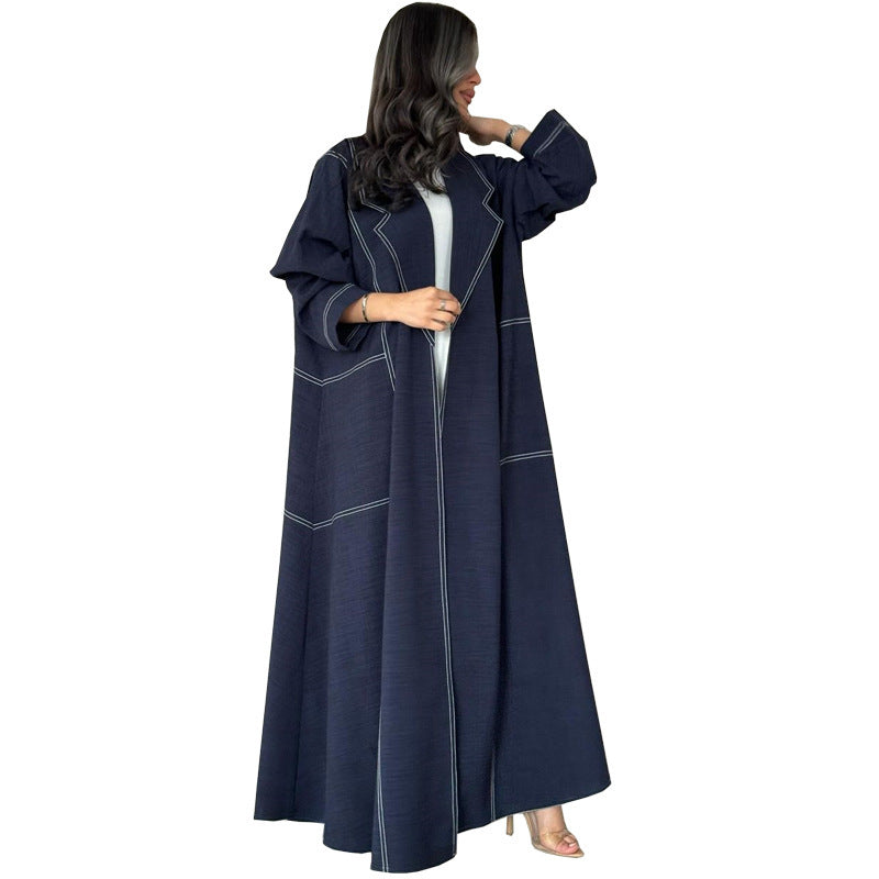 Contrast Color Open Line Denim Long Trench Coat - WOMONA.COM