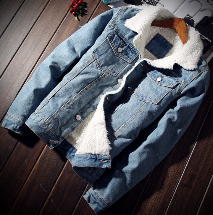 Men's dark blue fleece-lined denim jacket