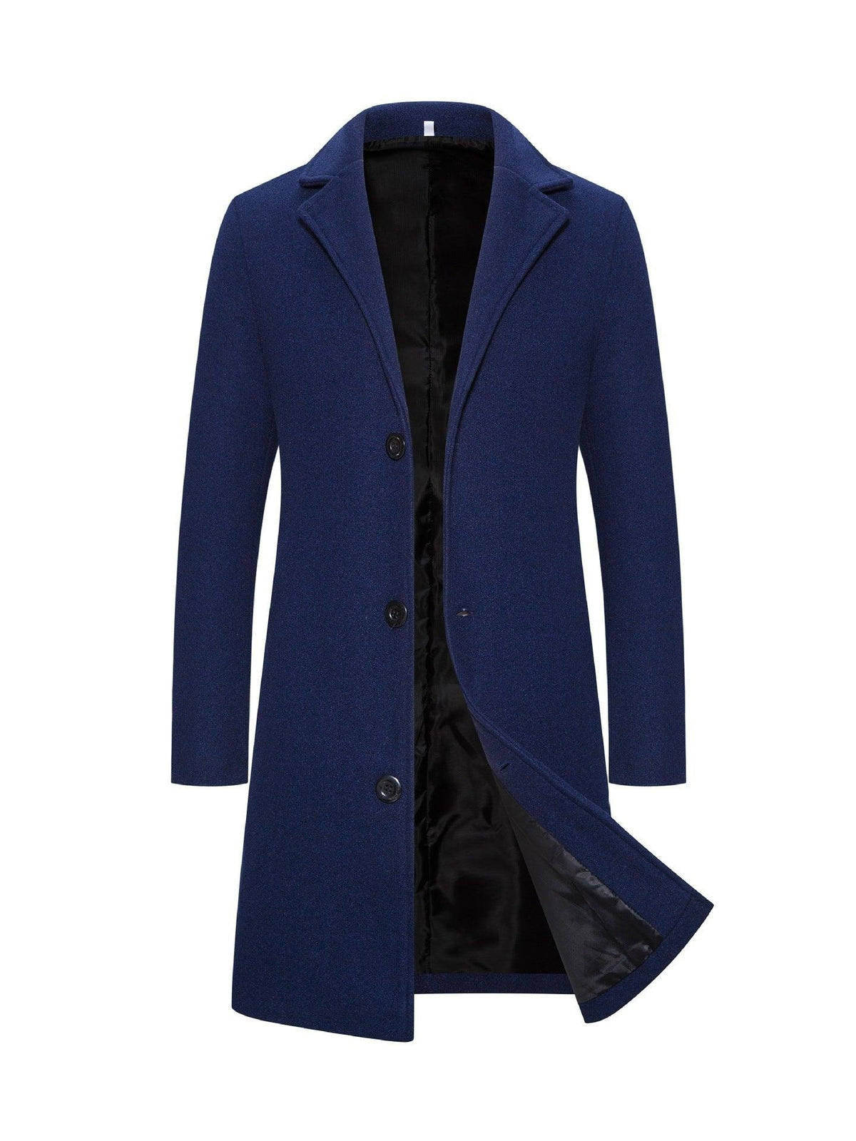 Men's mid-length slim-fit coat, navy blue with notched lapels and button front