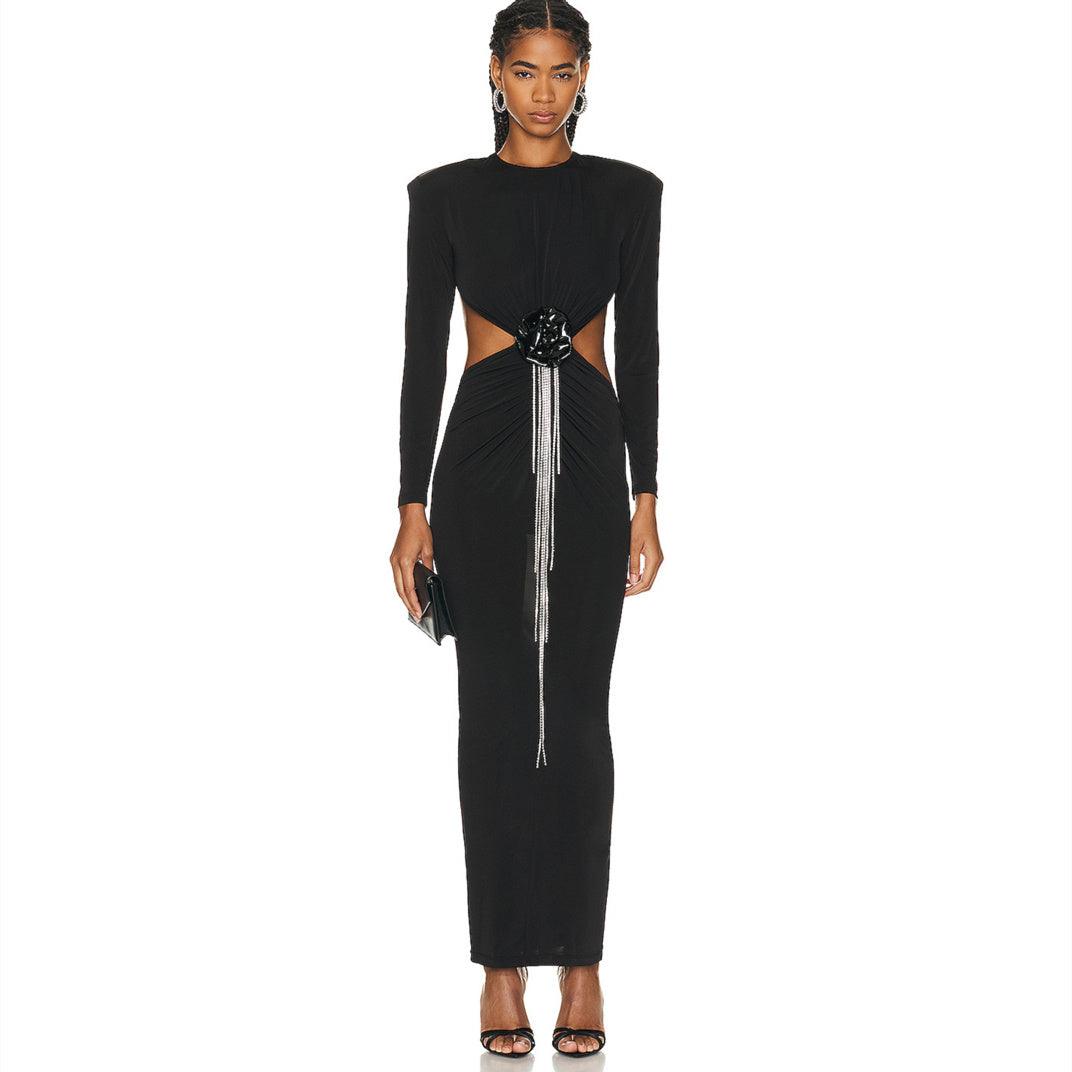 Sexy Backless Black Long Sleeve Hollow Flower Tassel Decoration Dress - WOMONA.COM