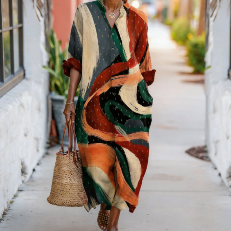Women's Artistic Brushstroke Print Button-Down Maxi Dress with Pockets