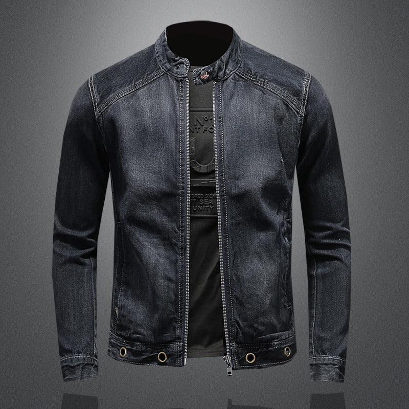 Dark denim motorcycle jacket with front zipper, stand collar, button-tab cuffs