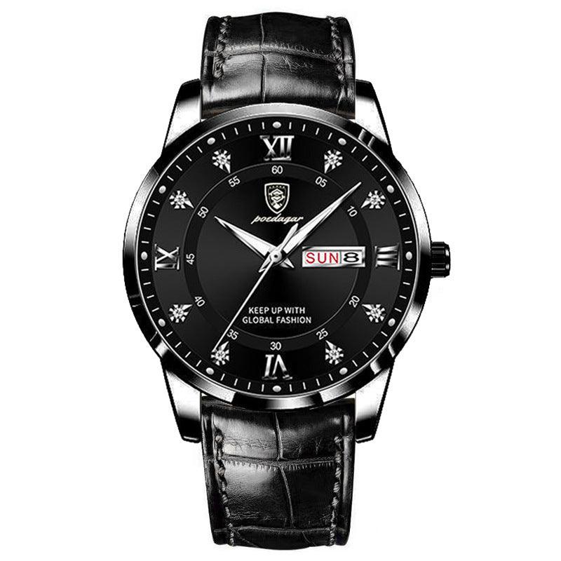 Men's quartz watch with black dial and black leather strap, silver case
