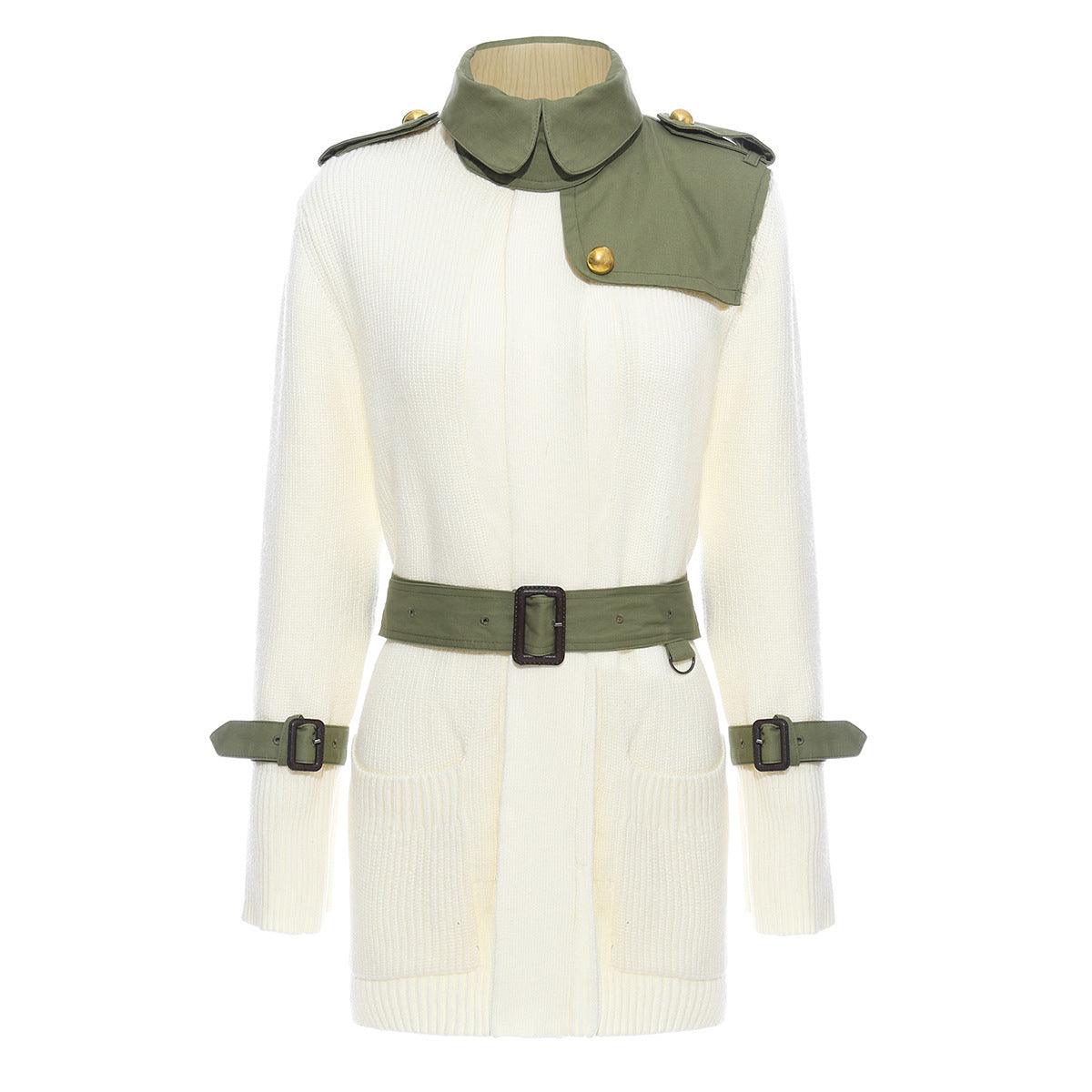 Cream knitted trench coat with olive-green cape collar and adjustable belt straps
