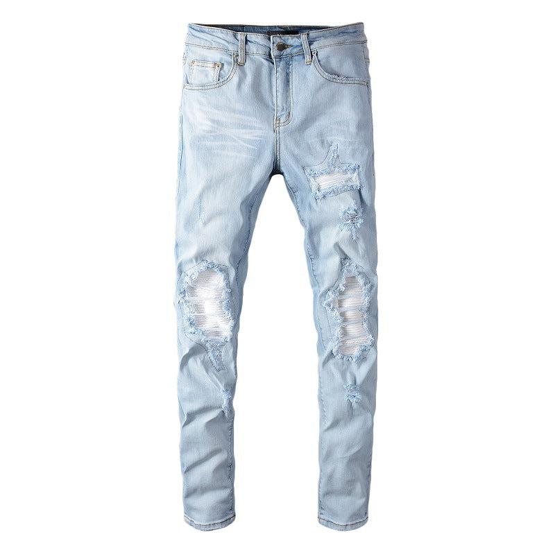 Trendy Brand Jeans Light Blue Ripped Patch Slim Fit Calf Pants Men - WOMONA.COM