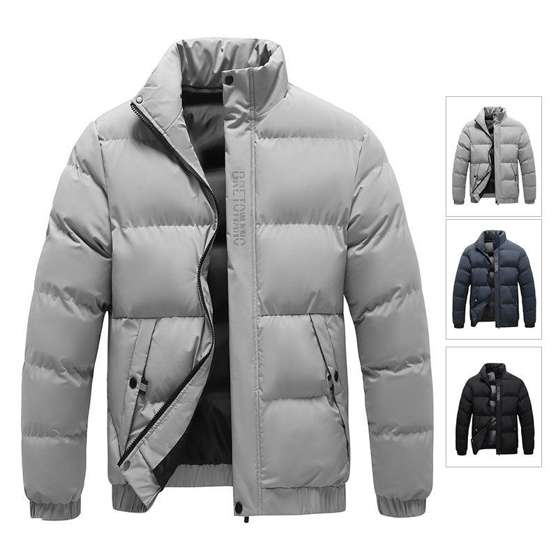 Men's padded down jacket in light gray, full-zip with hood and quilted baffles
