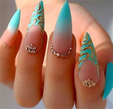 Gradient Light Green Striped Diamond Wear Nails - WOMONA.COM