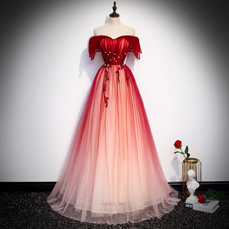 Women's Long Fairy Starry Sky Gradient Red Tube Top Dress - WOMONA.COM