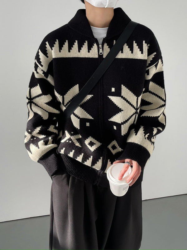 Geometric Contrast Color Lapel Sweater