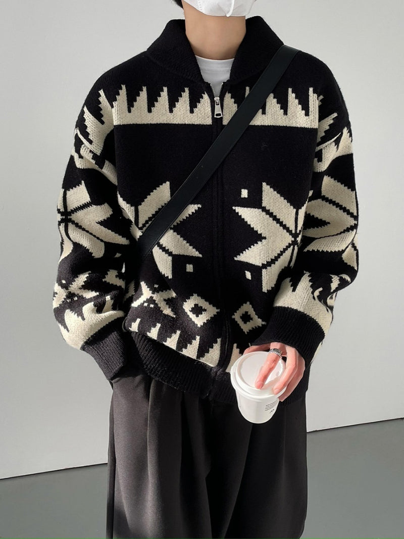 Geometric Contrast Color Lapel Sweater - WOMONA.COM