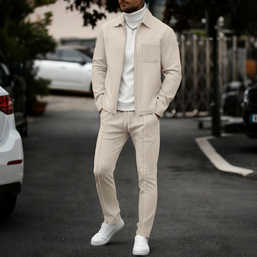 Men's lapel cardigan jacket and jogger-style trousers set, light beige color
