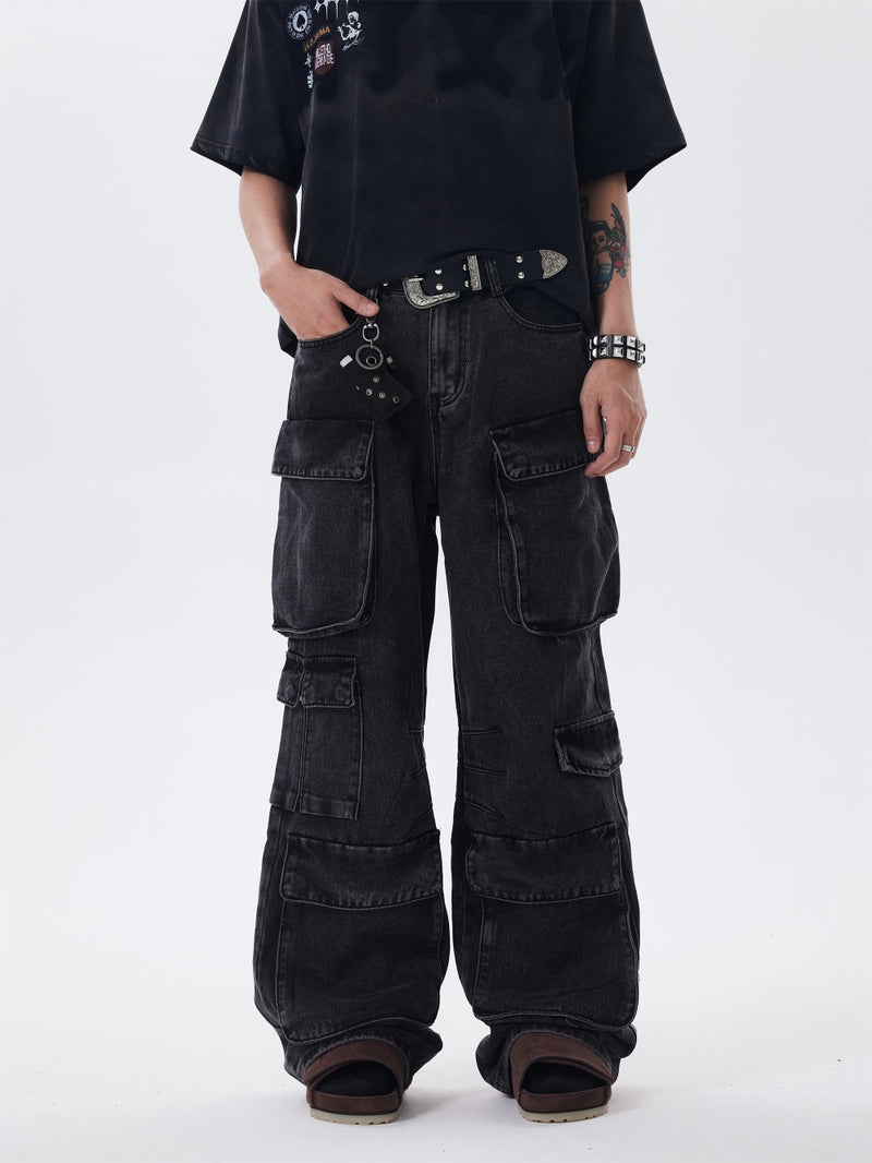 Distressed-Jeans mit mehreren Taschen, lockerer Overall mit weitem Bein