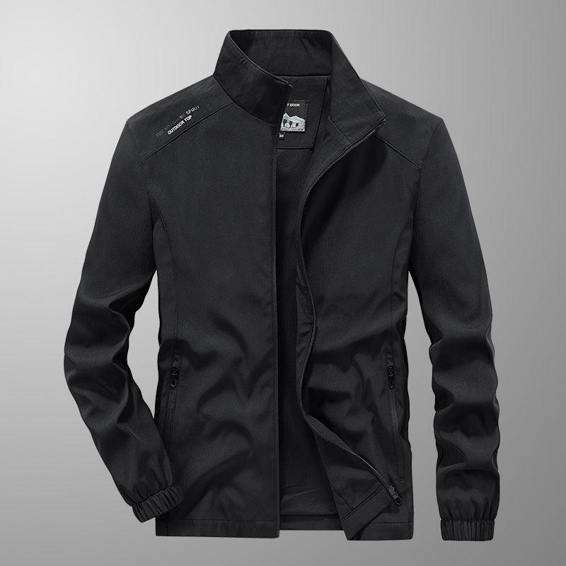 Men's black full-zip casual jacket with stand collar and elastic cuffs