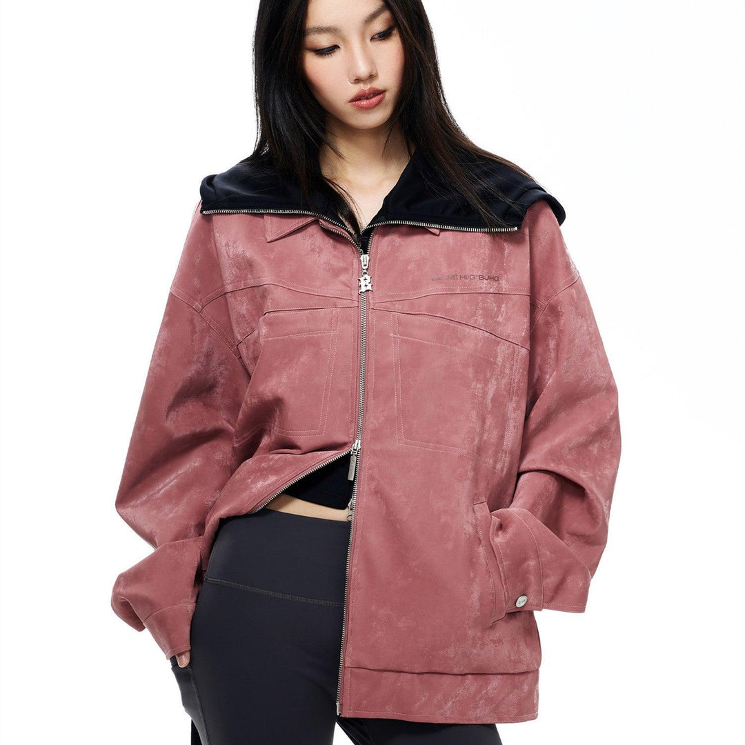 Women’s faux leather zip-up jacket with pleated tooling, standing collar, coral-pink