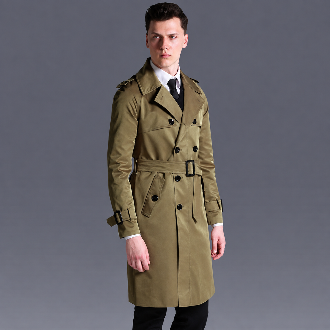 Men's khaki double-breasted trench coat