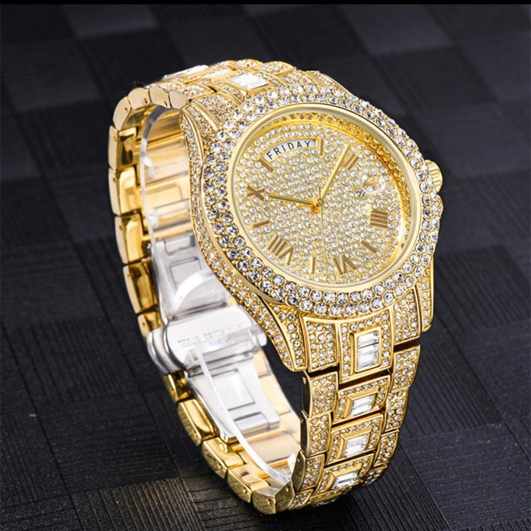 Gold diamond luxury quartz watch with mixed gold-and-silver link bracelet and rhinestone bezel
