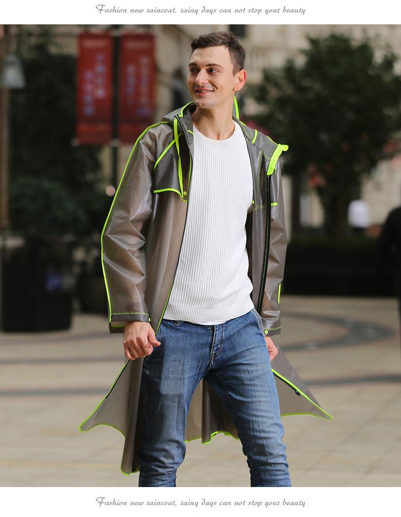 Long dark green raincoat with neon green trim and hood, front zipper closure