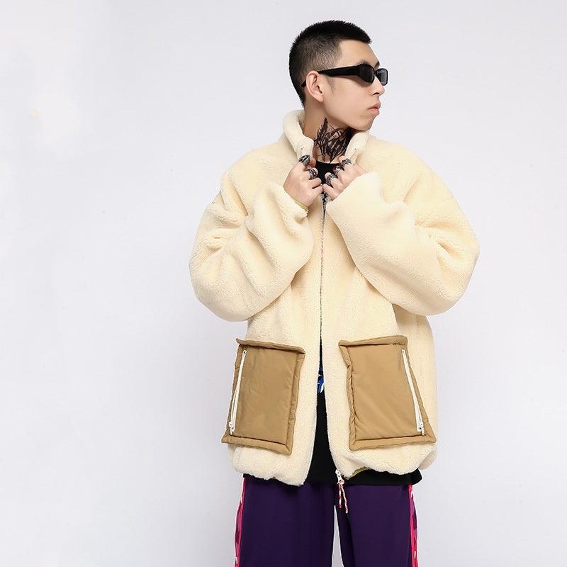 Assorted Colors Large Pocket Lamb Wool Coat For Men - WOMONA.COM