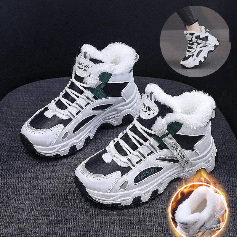 Women’s lace-up sneakers with plush lining, white leather-look panels, chunky rubber sole