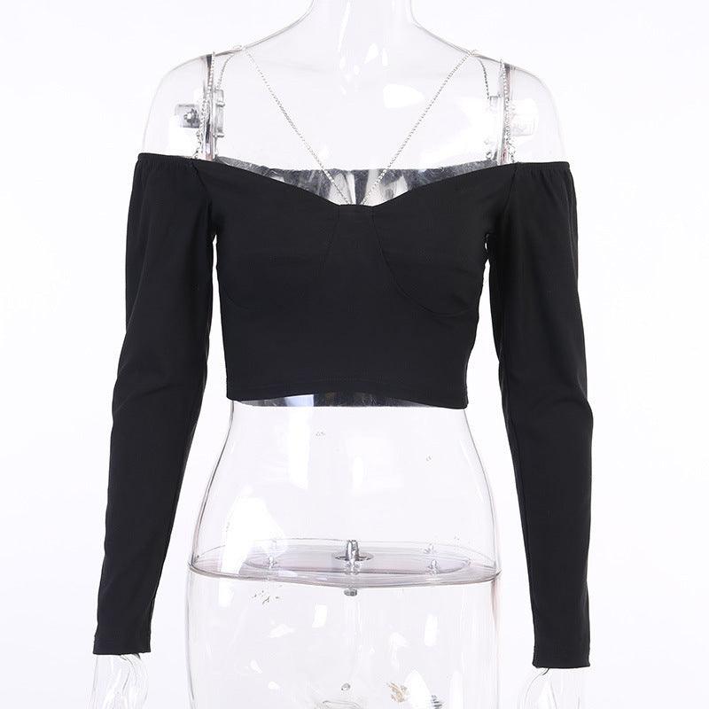 Diamond Chain Decoration One Shoulder Blouse Women - WOMONA.COM