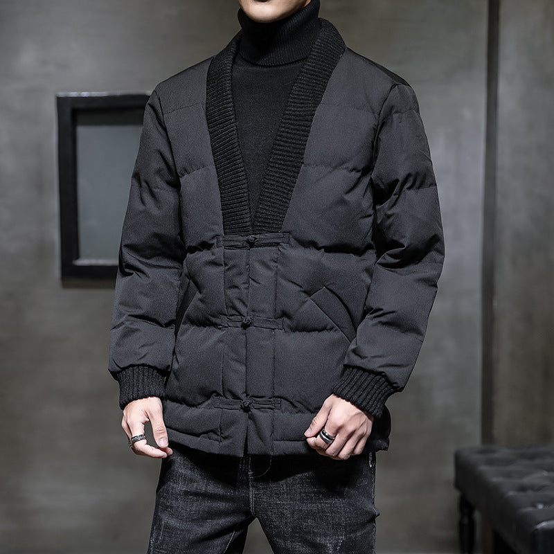 Men's Collarless Padded Cardigan Jacket, Black - product view 5