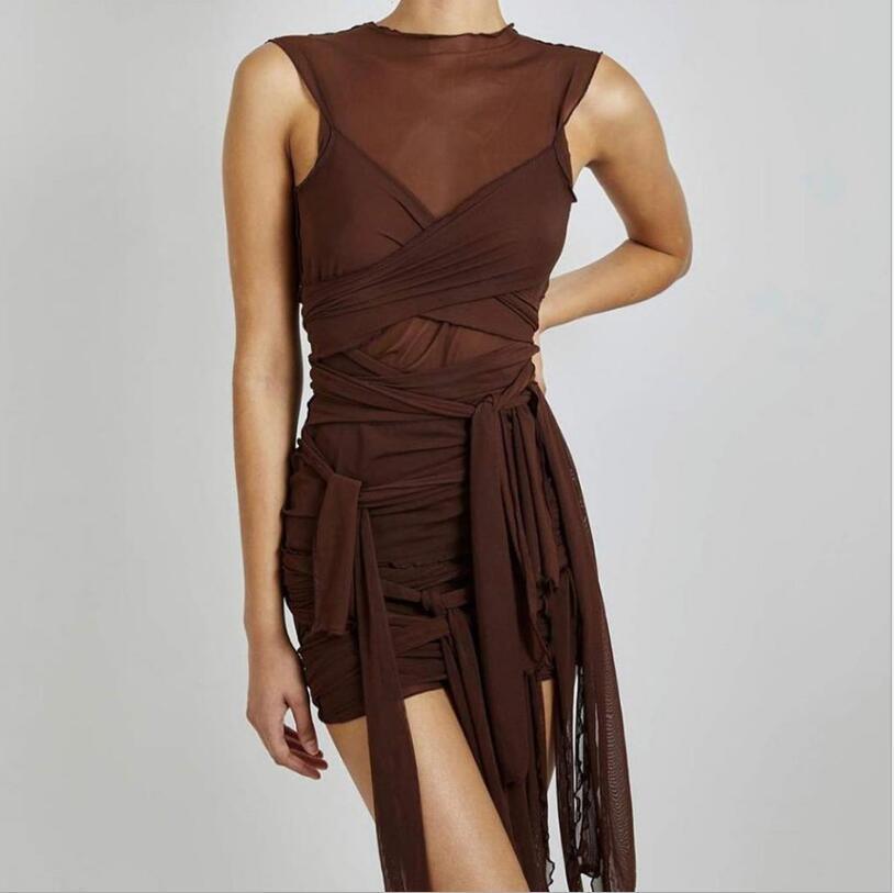 Women's Sheer Mesh Bodycon Mini Dress with Ribbons