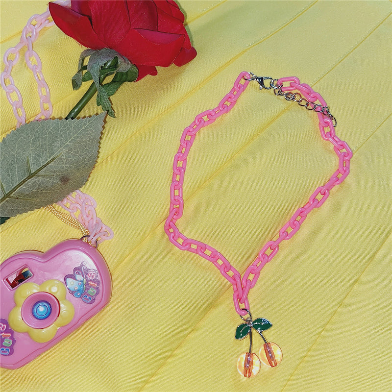 Pink Cherry Acrylic Chain Necklace - WOMONA.COM