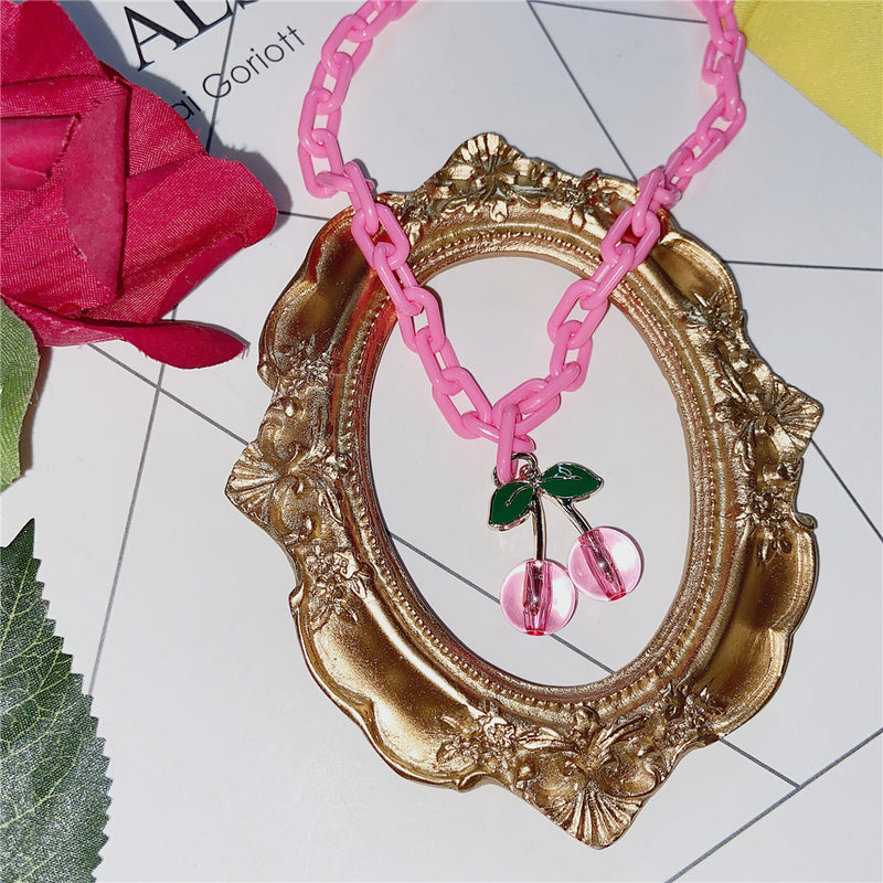 Pink Cherry Acrylic Chain Necklace - WOMONA.COM