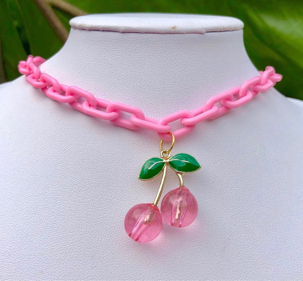 Pink Cherry Acrylic Chain Necklace - WOMONA.COM