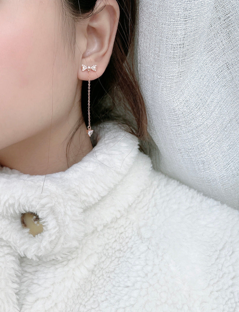 Sterling Silver Bowknot Tassel Simple Stud Earrings - WOMONA.COM