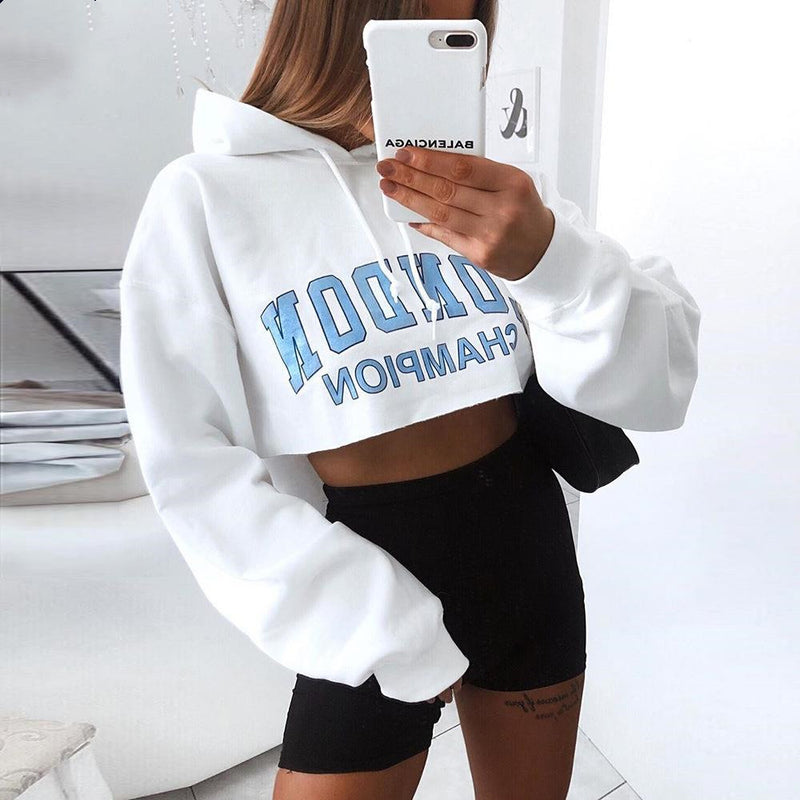 Long Sleeve Short Sweatshirt Blue Letter White Hooded Cropped Hoodies - WOMONA.COM